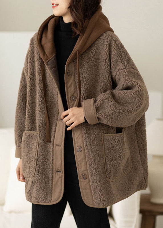 Boho Coffee Patchwork Button Thick Faux Fur Hooded Coats Winter