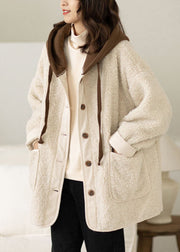 Boho Coffee Patchwork Button Thick Faux Fur Hooded Coats Winter