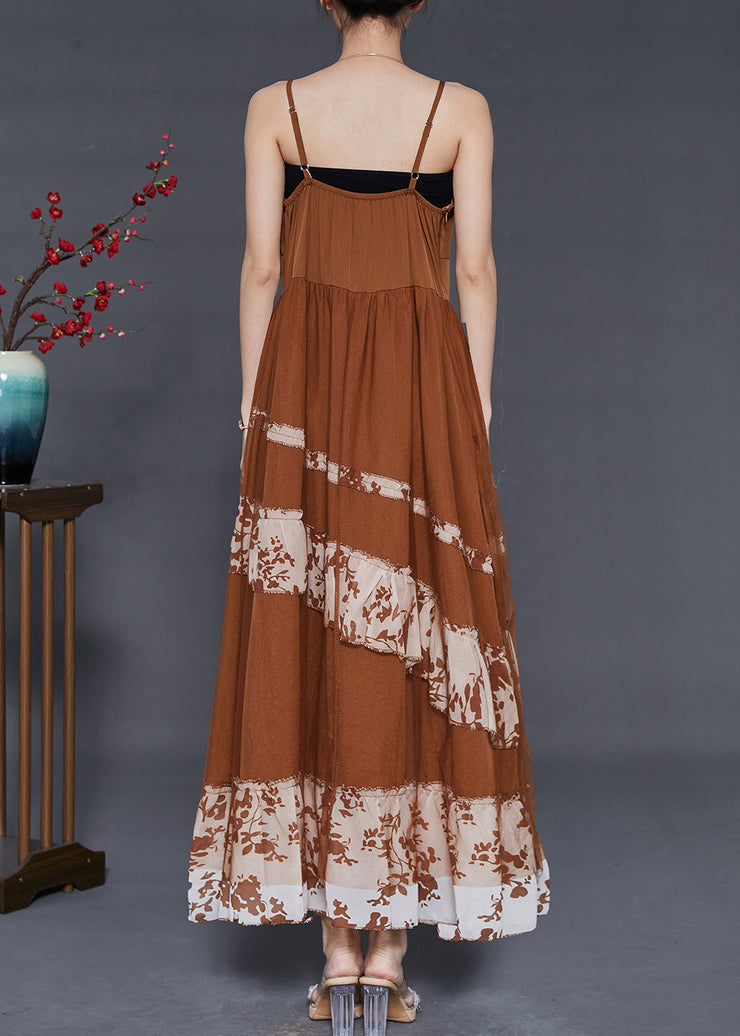 Boho Coffee Patchwork Chiffon Spaghetti Strap Dress Summer