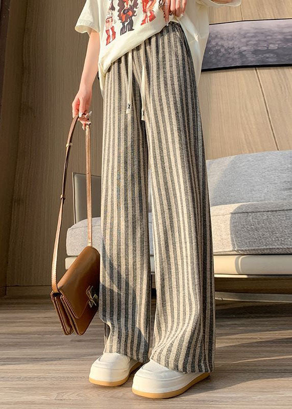 Boho Coffee Striped Patchwork Elastic Waist Cotton Wide Leg Pants Spring