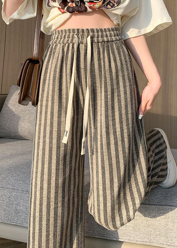 Boho Coffee Striped Patchwork Elastic Waist Cotton Wide Leg Pants Spring