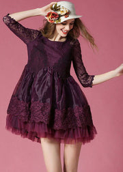 Boho Dark Purple Embroideried Lace Patchwork Organza Mini Dresses Summer