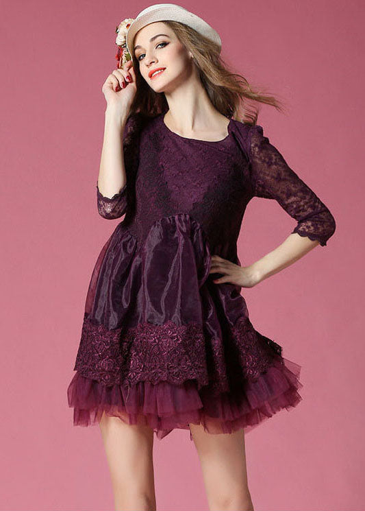 Boho Dark Purple Embroideried Lace Patchwork Organza Mini Dresses Summer