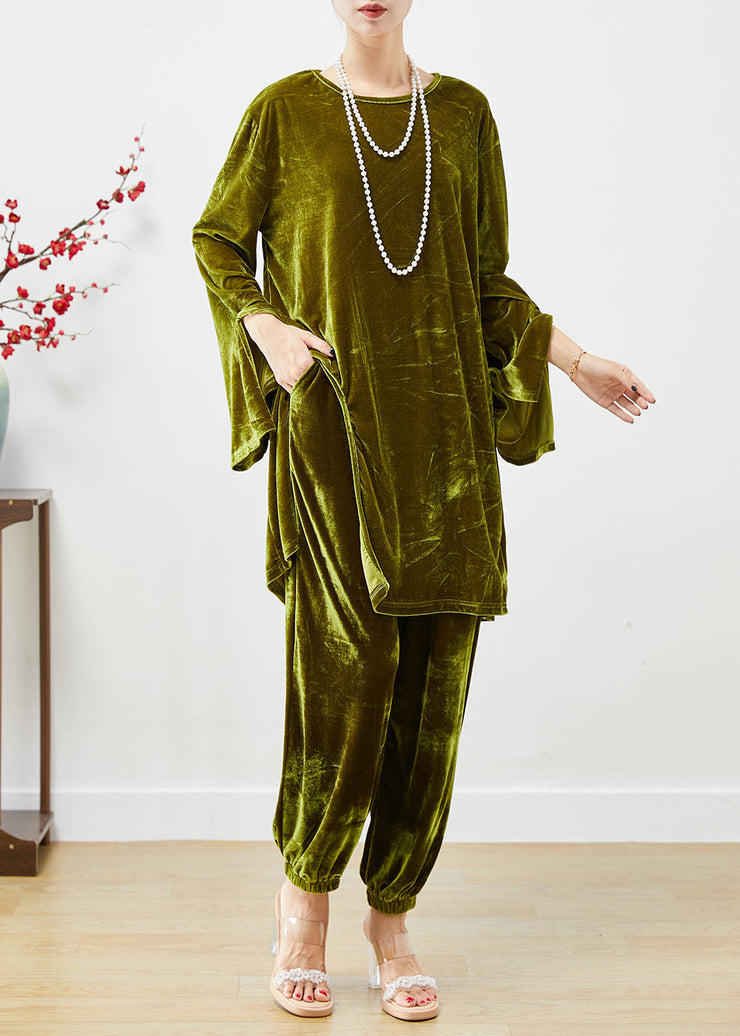 Boho Dull Green Oversized Side Open Silk Velour Two Pieces Set Fall