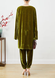 Boho Dull Green Oversized Side Open Silk Velour Two Pieces Set Fall