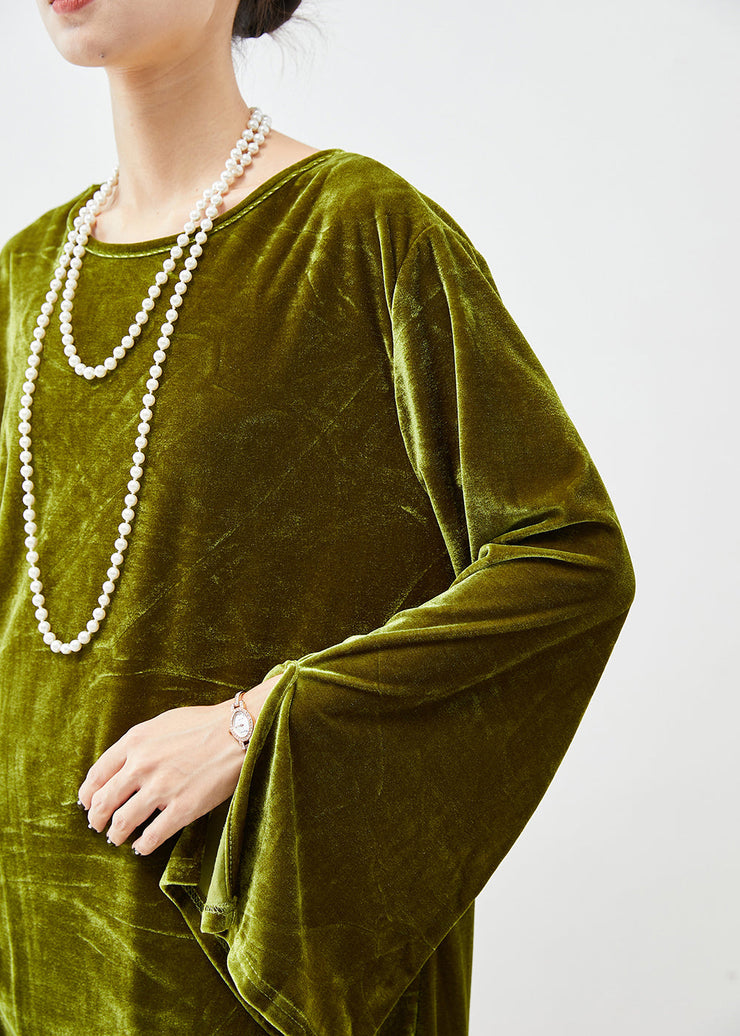 Boho Dull Green Oversized Side Open Silk Velour Two Pieces Set Fall