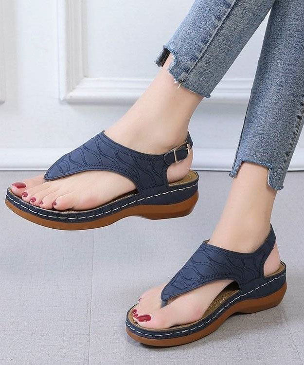 Boho Faux Leather Peep Toe Buckle Strap Splicing Blue Platform Sandals