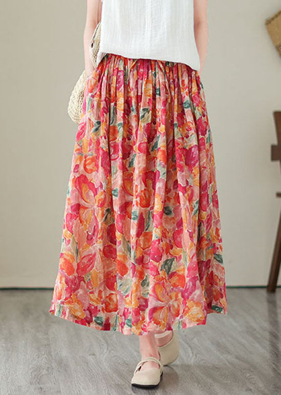 Boho Floral Wrinkled Pockets Elastic Waist Patchwork Linen Skirts Summer