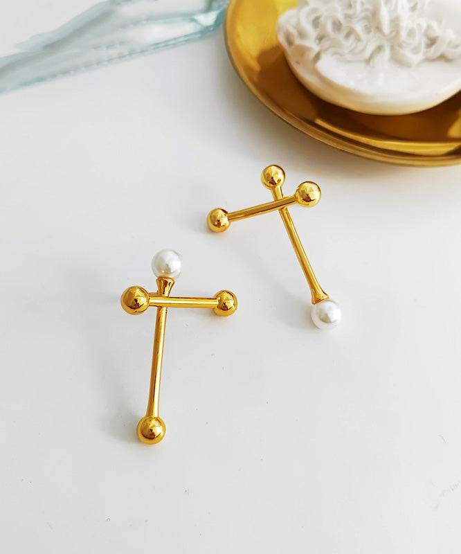 Boho Gold Copper Overgild Asymmtricar Cross Glass Pearl Stud Earrings