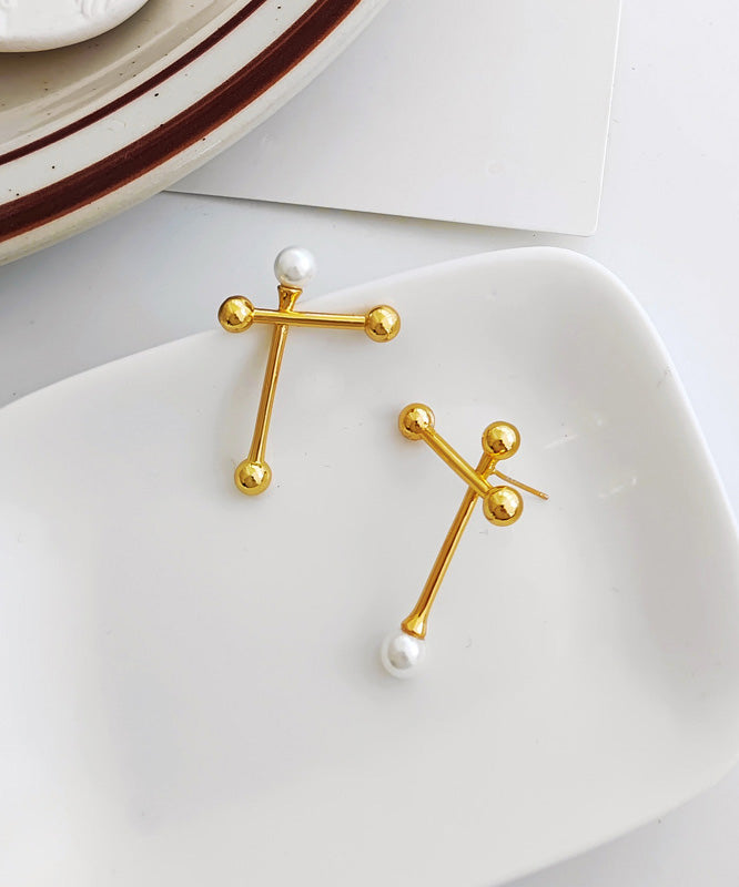 Boho Gold Copper Overgild Asymmtricar Cross Glass Pearl Stud Earrings