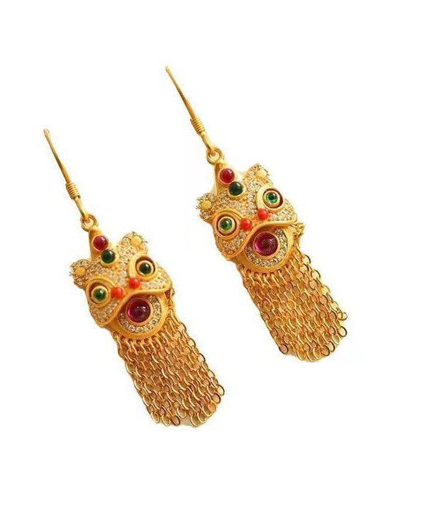 Boho Gold Gem Stone Tassel Silver Drop Earrings