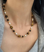 Boho Gold Pearl Cat's eye Stone Graduated Bead Necklace