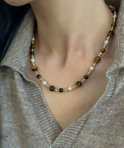 Boho Gold Pearl Cat's eye Stone Graduated Bead Necklace