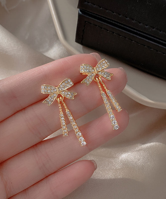 Boho Gold Sterling Silver Alloy Zircon Bow Tassel Drop Earrings