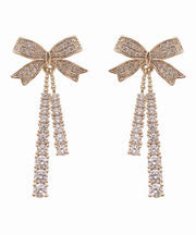 Boho Gold Sterling Silver Alloy Zircon Bow Tassel Drop Earrings