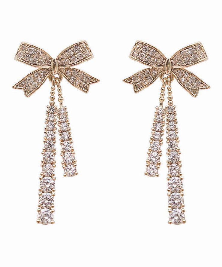 Boho Gold Sterling Silver Alloy Zircon Bow Tassel Drop Earrings