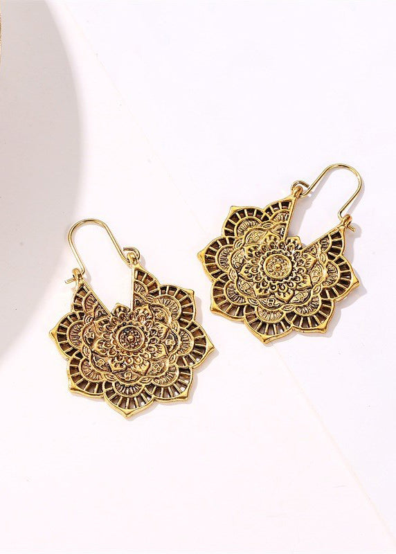 Boho Gold Sterling Silver Hollow Out Floral Hoop Earrings