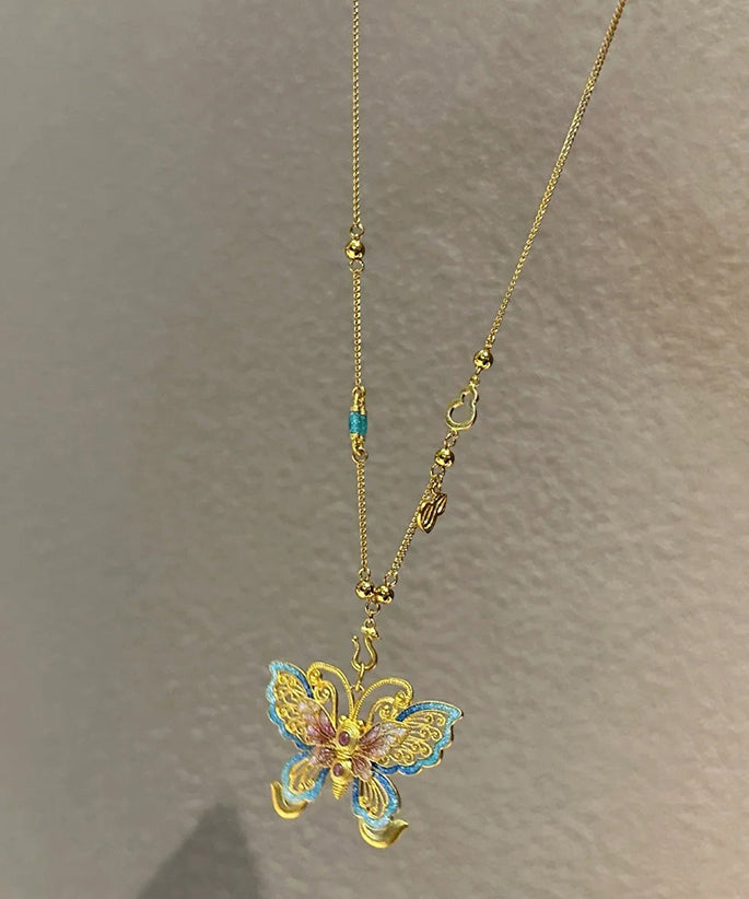 Boho Gold Sterling Silver Overgild Butterfly Hollow Out Pendant Necklace