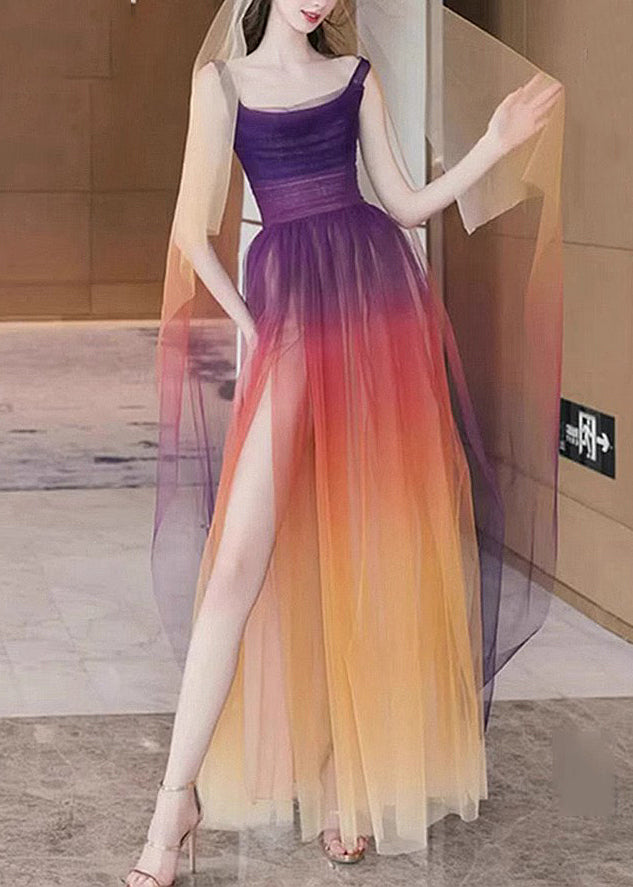 Boho Gradient Color Side Open Tulle Spaghetti Strap Dress Sleeveless