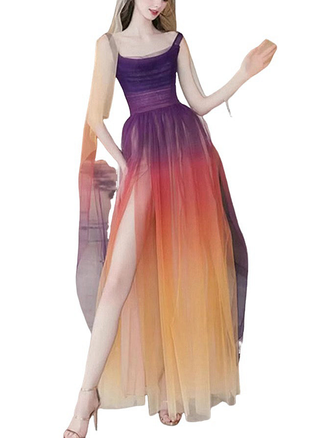 Boho Gradient Color Side Open Tulle Spaghetti Strap Dress Sleeveless