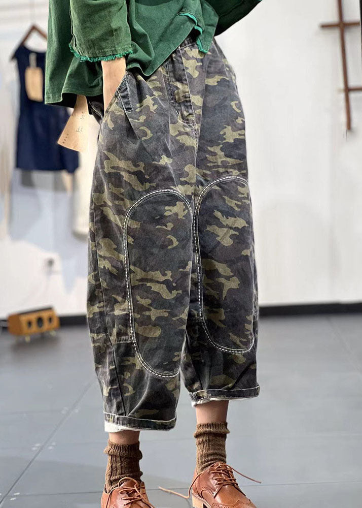 Boho Green Elastic Waist Embroideried Camouflage Cotton Harem Pants Fall