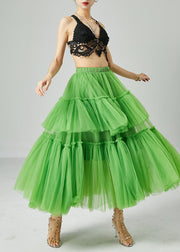 Boho Green Elastic Waist Patchwork Wrinkled Tulle Skirts Summer