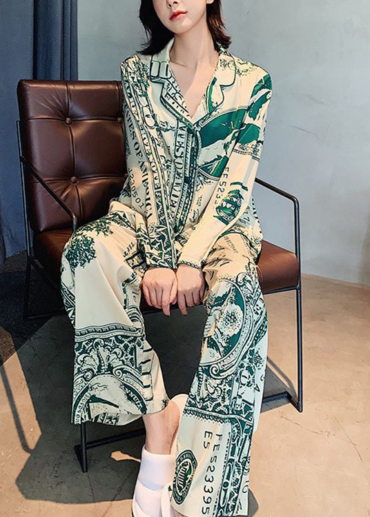 Boho Green Peter Pan Collar Print Ice Silk Pajamas Two Pieces Set Spring