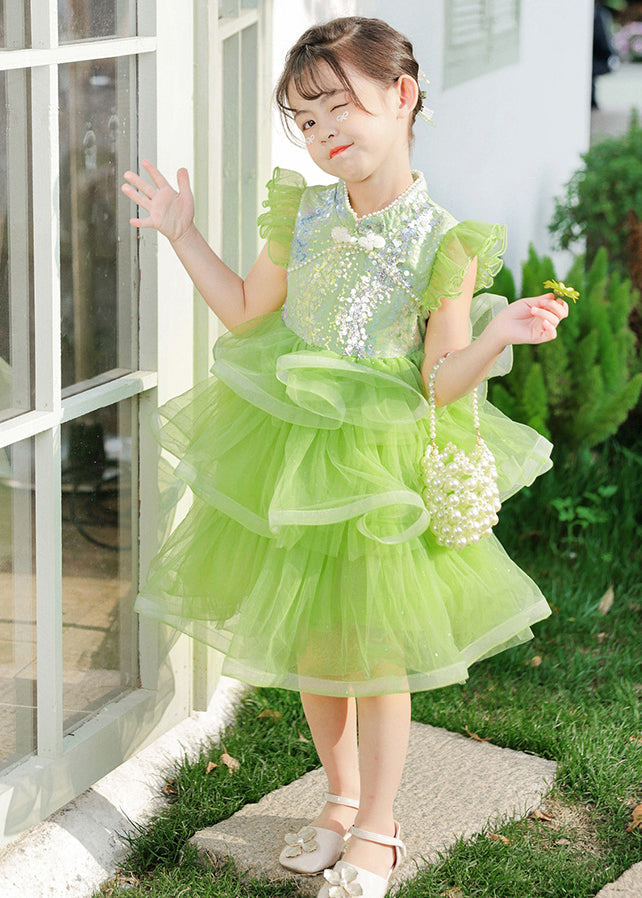 Boho Green Sequins Chinese Button Tulle Kids Girls Dresses Butterfly Sleeve