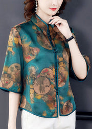 Boho Green Stand Collar Print Patchwork Silk Blouse Top Summer