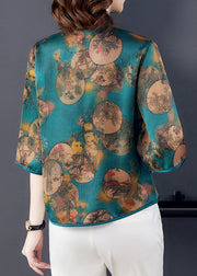 Boho Green Stand Collar Print Patchwork Silk Blouse Top Summer