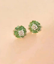 Boho Green Sterling Silver Copper Pearl Floral Stud Earrings