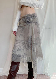 Boho Grey Asymmetrical Print Patchwork Chiffon Skirt Summer