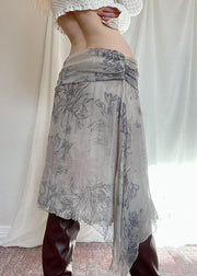 Boho Grey Asymmetrical Print Patchwork Chiffon Skirt Summer