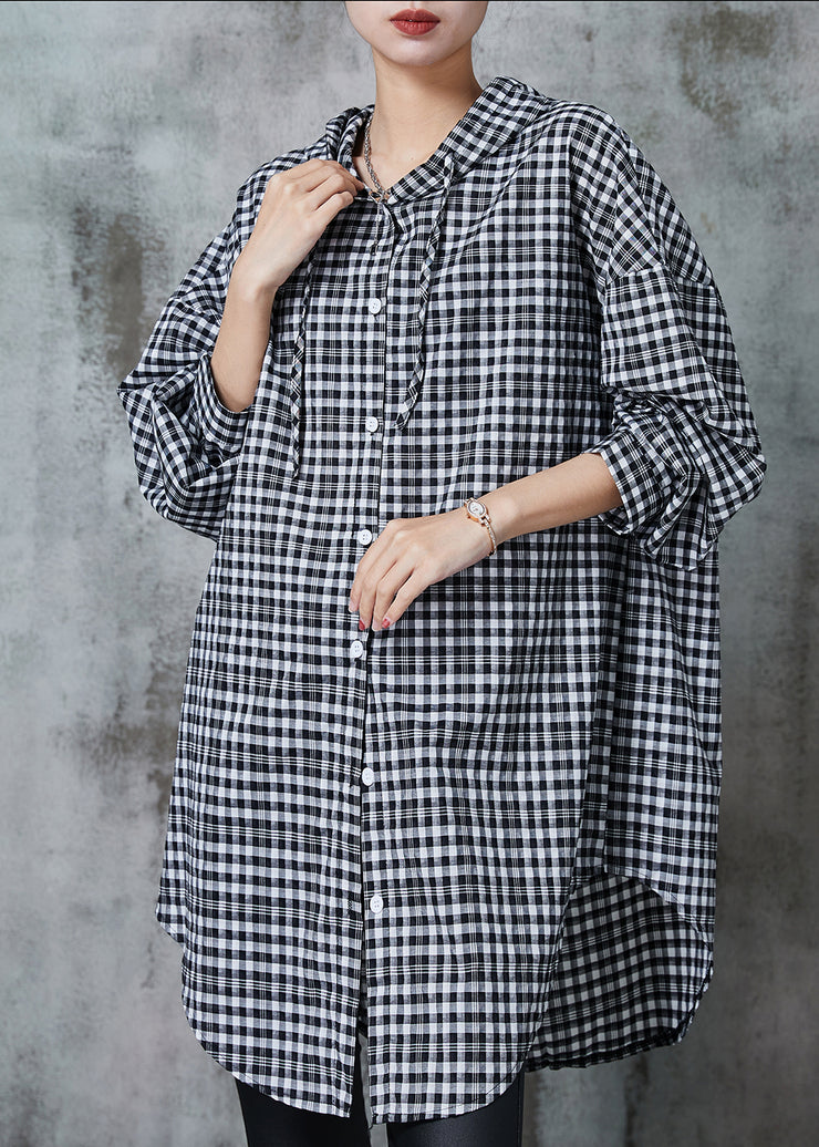 Boho Grey Hooded Plaid Linen Long Shirt Summer