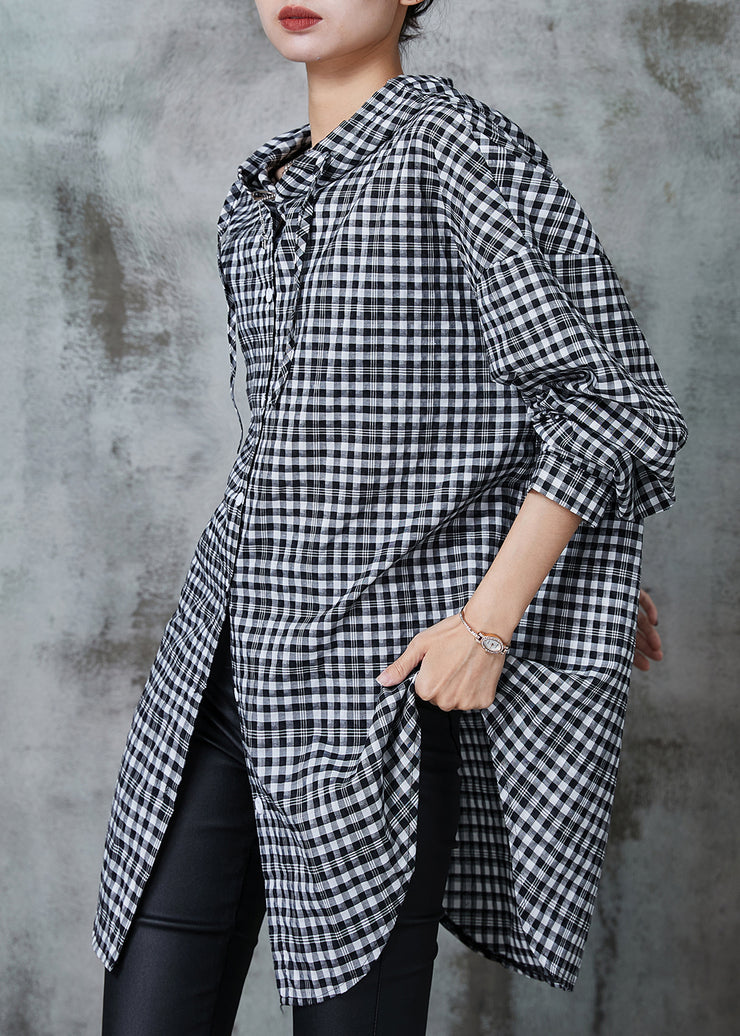 Boho Grey Hooded Plaid Linen Long Shirt Summer