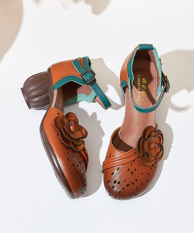 Boho Hollow Out Floral Chunky Heel Buckle Strap Brown Cowhide Leather