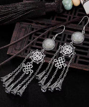 Boho Jade Patchwork Tassel Silver Drop Earrings