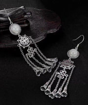 Boho Jade Patchwork Tassel Silver Drop Earrings