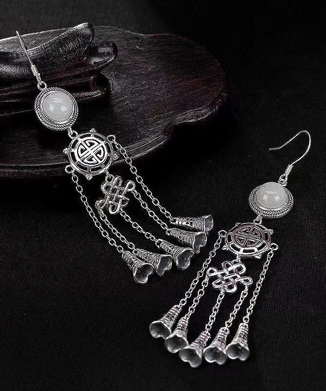 Boho Jade Patchwork Tassel Silver Drop Earrings