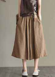 Boho Khaki Elastic Waist Oversized Pockets Linen Wide Leg Crop Pants Summer