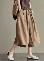 Boho Khaki Elastic Waist Oversized Pockets Linen Wide Leg Crop Pants Summer