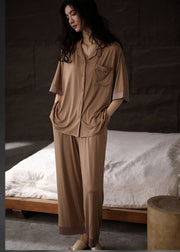 Boho Khaki Peter Pan Collar Button Couple Pajamas Two Pieces Set Half Sleeve