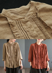 Boho Khaki Ruffled Solid Color Cotton Shirt Tops Spring