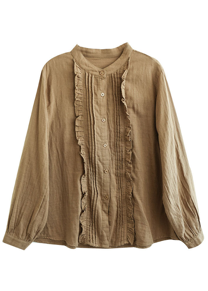 Boho Khaki Ruffled Solid Color Cotton Shirt Tops Spring