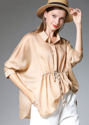 Boho Khaki Solid Peter Pan Collar Drawstring Silk Shirt Tops Long Sleeve