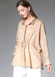 Boho Khaki Solid Peter Pan Collar Drawstring Silk Shirt Tops Long Sleeve