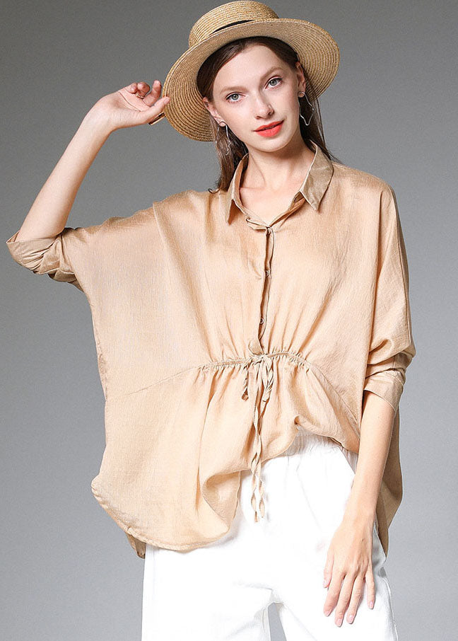 Boho Khaki Solid Peter Pan Collar Drawstring Silk Shirt Tops Long Sleeve