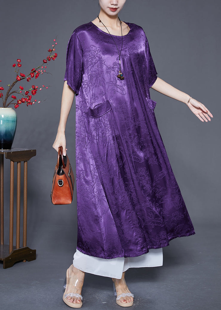 Boho Lavender Oversized Jacquard Silk Long Dress Summer