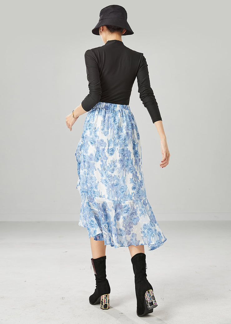 Boho Light Blue Asymmetrical Print Chiffon Skirt Summer