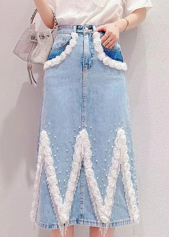 Boho Light Blue Tassel Patchwork High Waist Deninm Skirt Summer